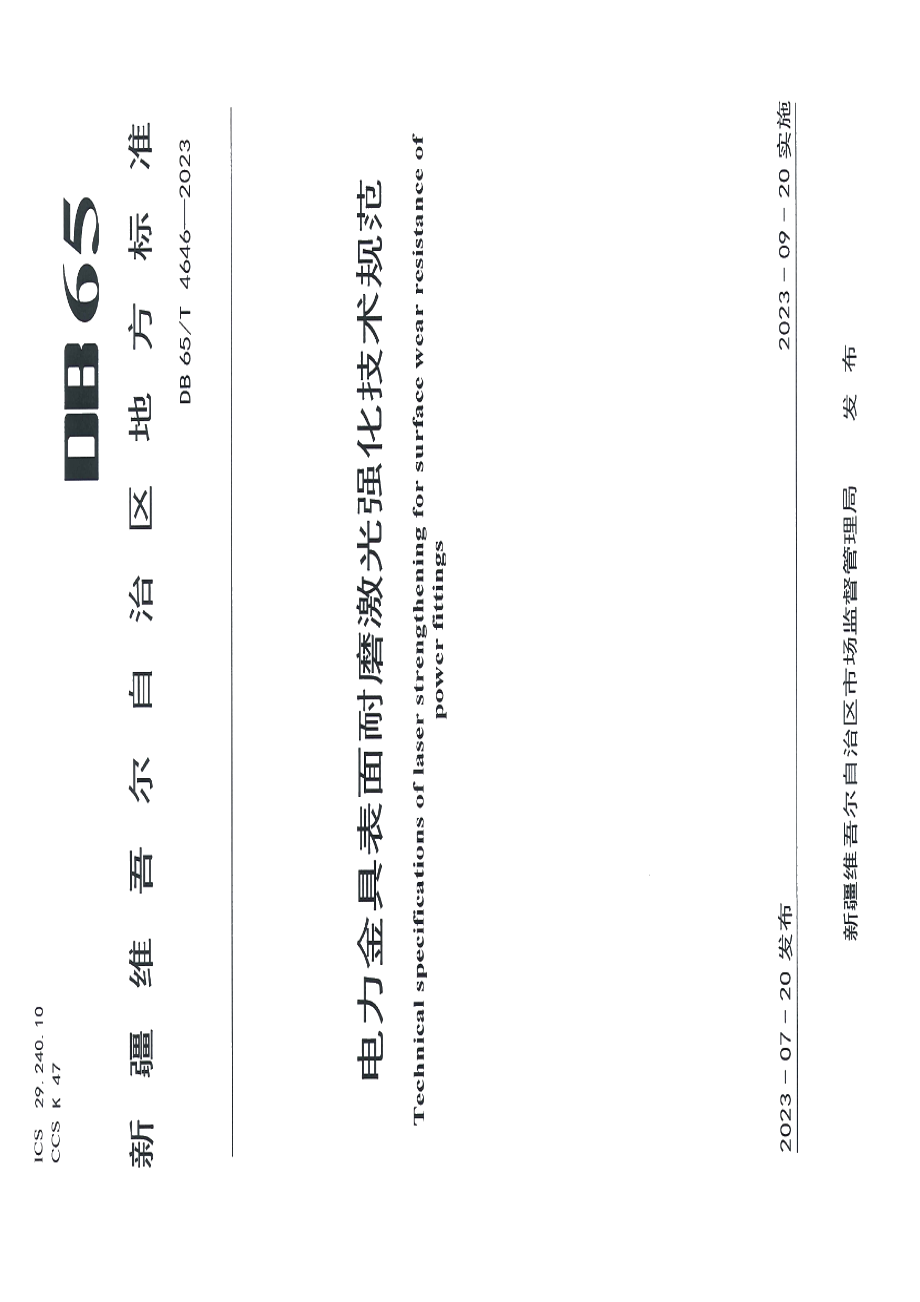 DB65T 4646-2023电力金具表面耐磨激光强化技术规范.pdf_第1页