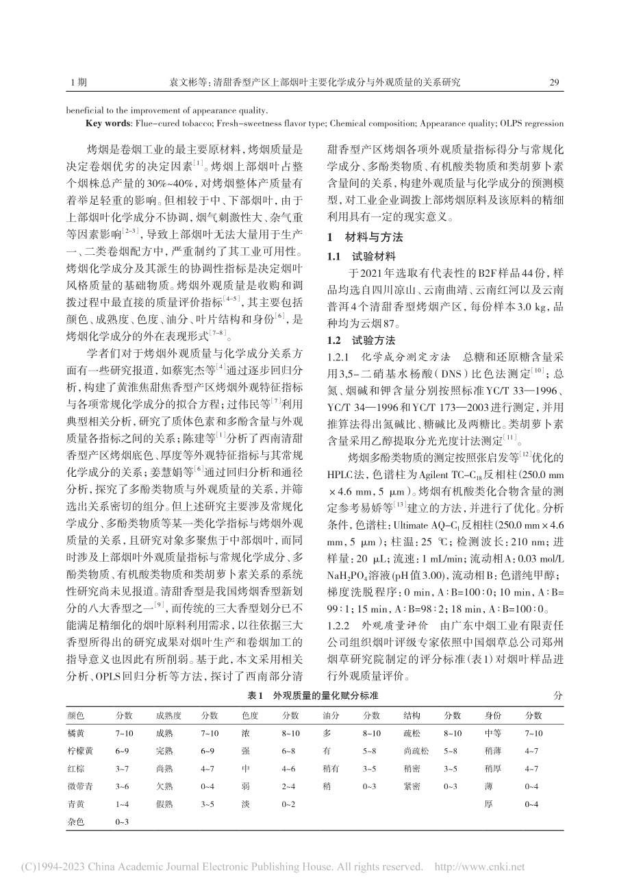 清甜香型产区上部烟叶主要化学成分与外观质量的关系研究_袁文彬.pdf_第2页