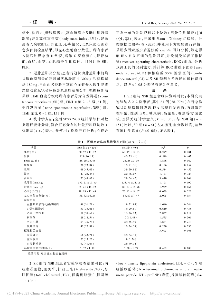 全身免疫炎症指数对STEM...死相关动脉自发再通预测价值_徐杰.pdf_第3页