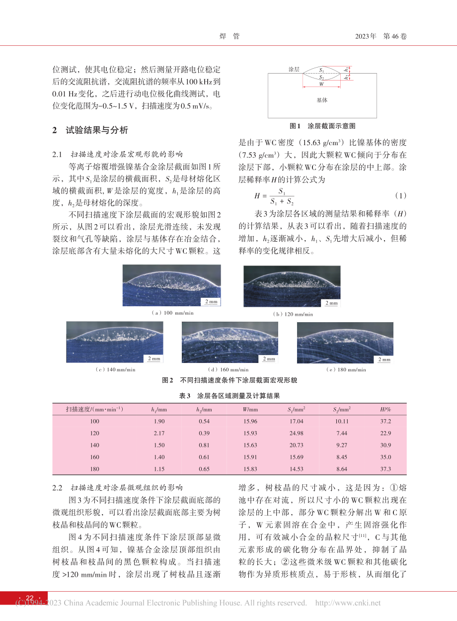 扫描速度对等离子熔覆WC增...合金涂层组织与耐蚀性的影响_于克东.pdf_第3页