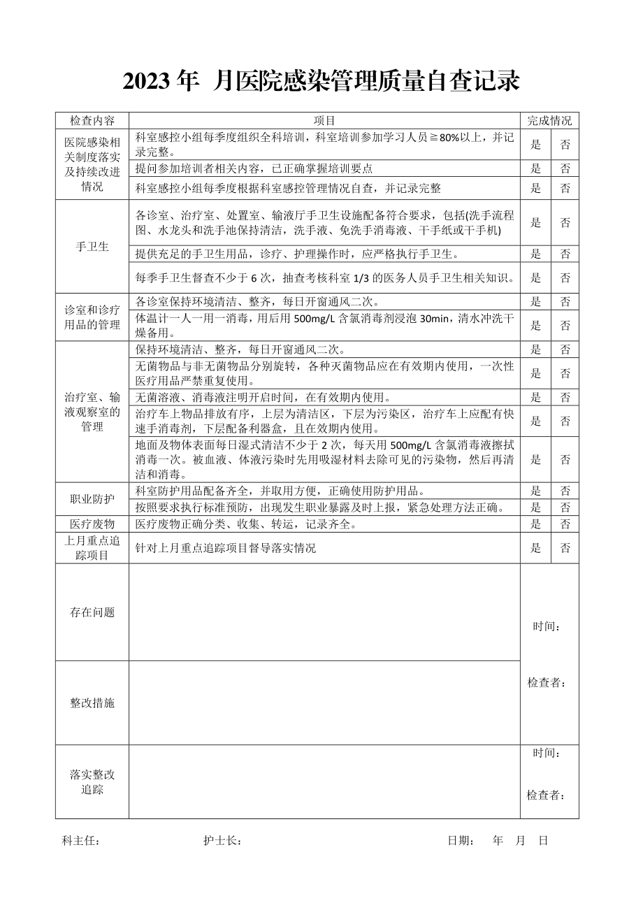 2023年 月医院感染管理质量自查记录.docx_第1页