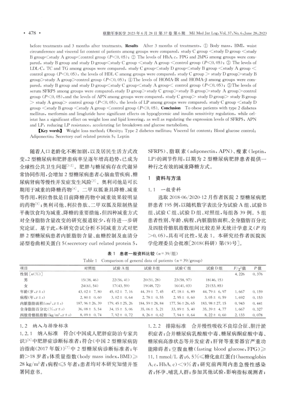 不同减重方式对2型糖尿病肥胖患者体脂分布、血糖波动及SFRP5、APN、LP的调节作用.pdf_第2页