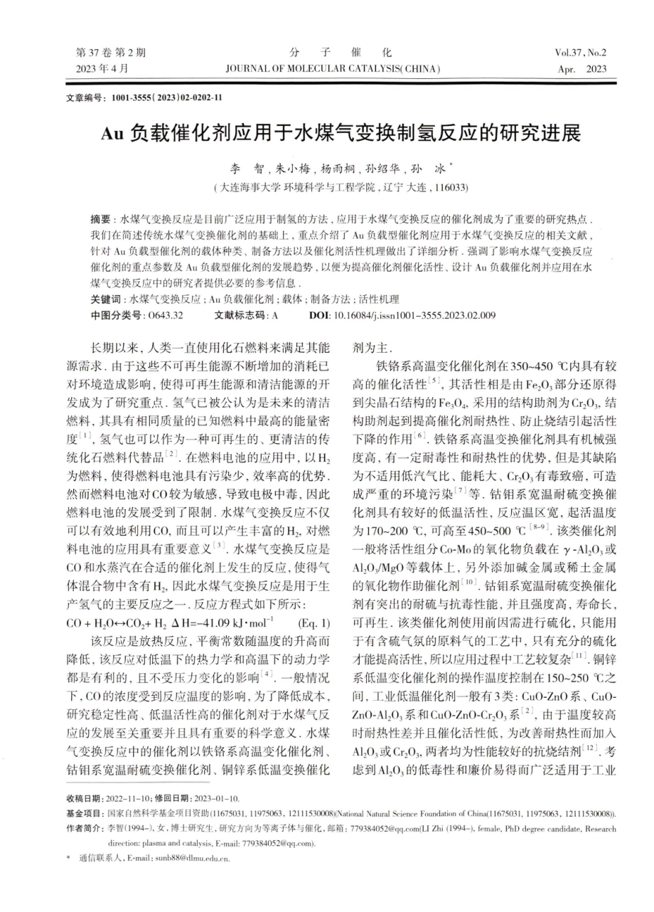 Au负载催化剂应用于水煤气变换制氢反应的研究进展.pdf_第1页