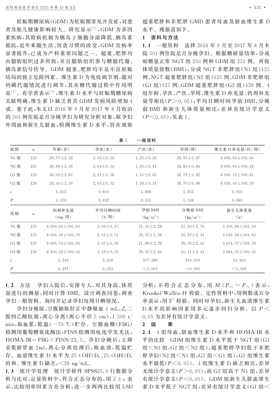 超重肥胖和非肥胖妊娠期糖尿病患者母血及脐血维生素D水平研究.pdf_第3页