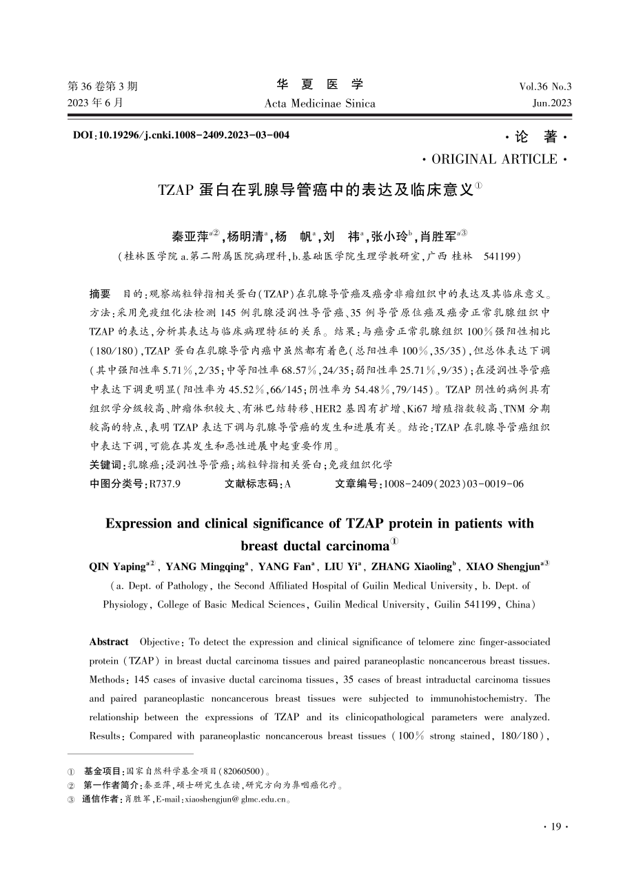 TZAP蛋白在乳腺导管癌中的表达及临床意义.pdf_第1页