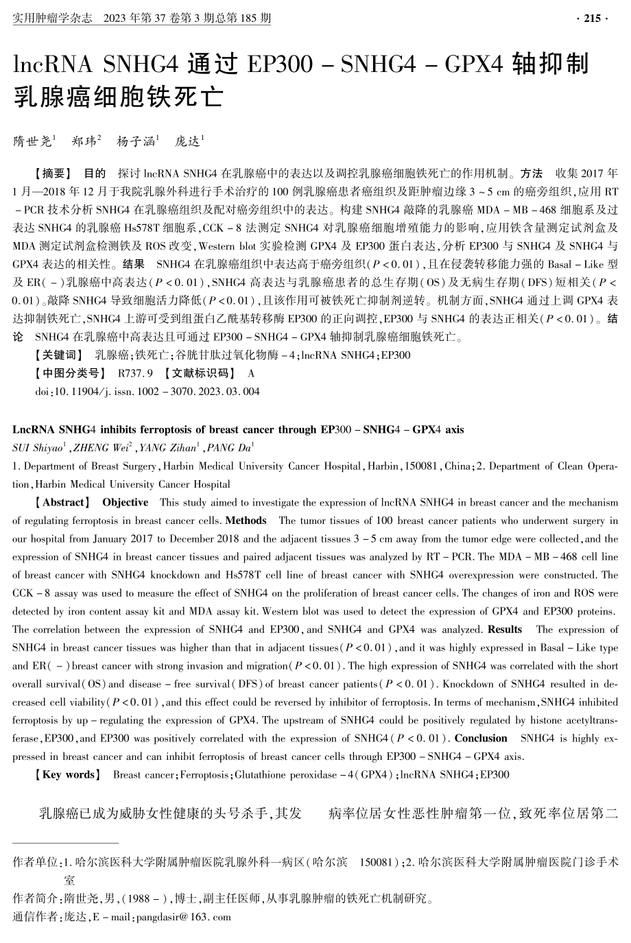 lncRNA SNHG4通过EP300-SNHG4-GPX4轴抑制乳腺癌细胞铁死亡.pdf_第1页