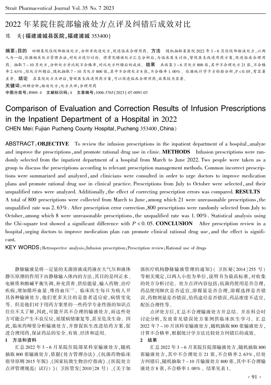 2022年某院住院部输液处方点评及纠错后成效对比.pdf_第1页