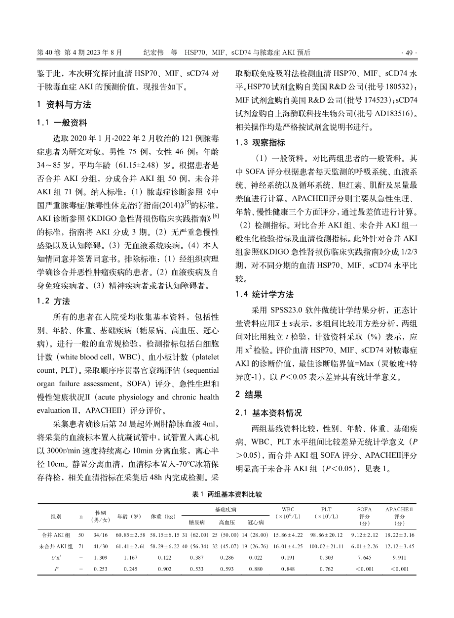 HSP70、MIF、sCD74与脓毒症AKI预后.pdf_第2页