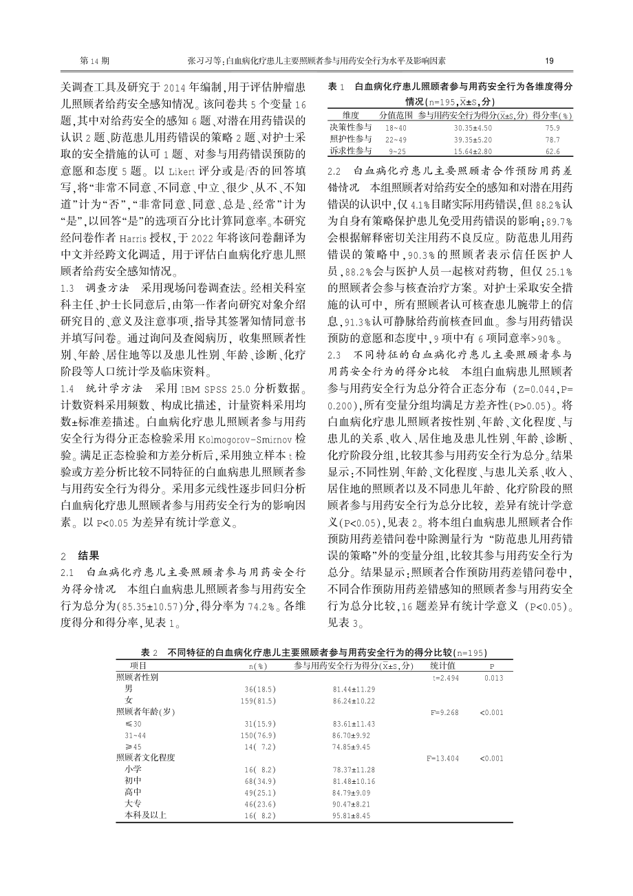 白血病化疗患儿主要照顾者参与用药安全行为水平及影响因素.pdf_第2页