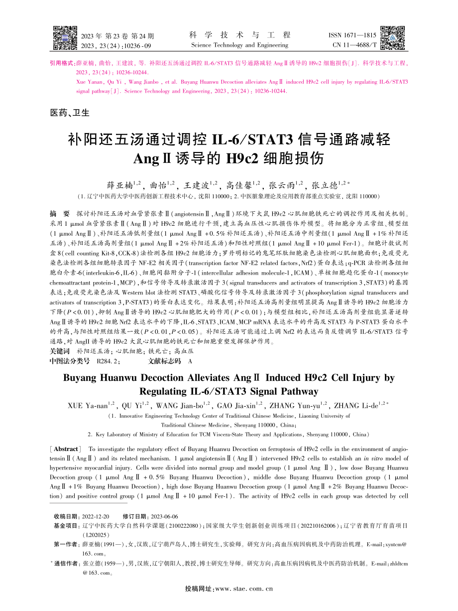 补阳还五汤通过调控IL-6_STAT3信号通路减轻AngⅡ诱导的H9c2细胞损伤.pdf_第1页