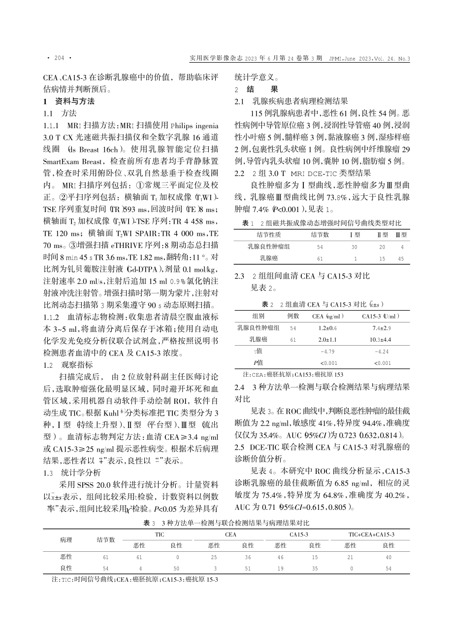 3.0 T磁共振成像动态增强时间信号曲线联合血清癌胚抗原癌抗原15-3在乳腺癌诊断中的价值.pdf_第2页