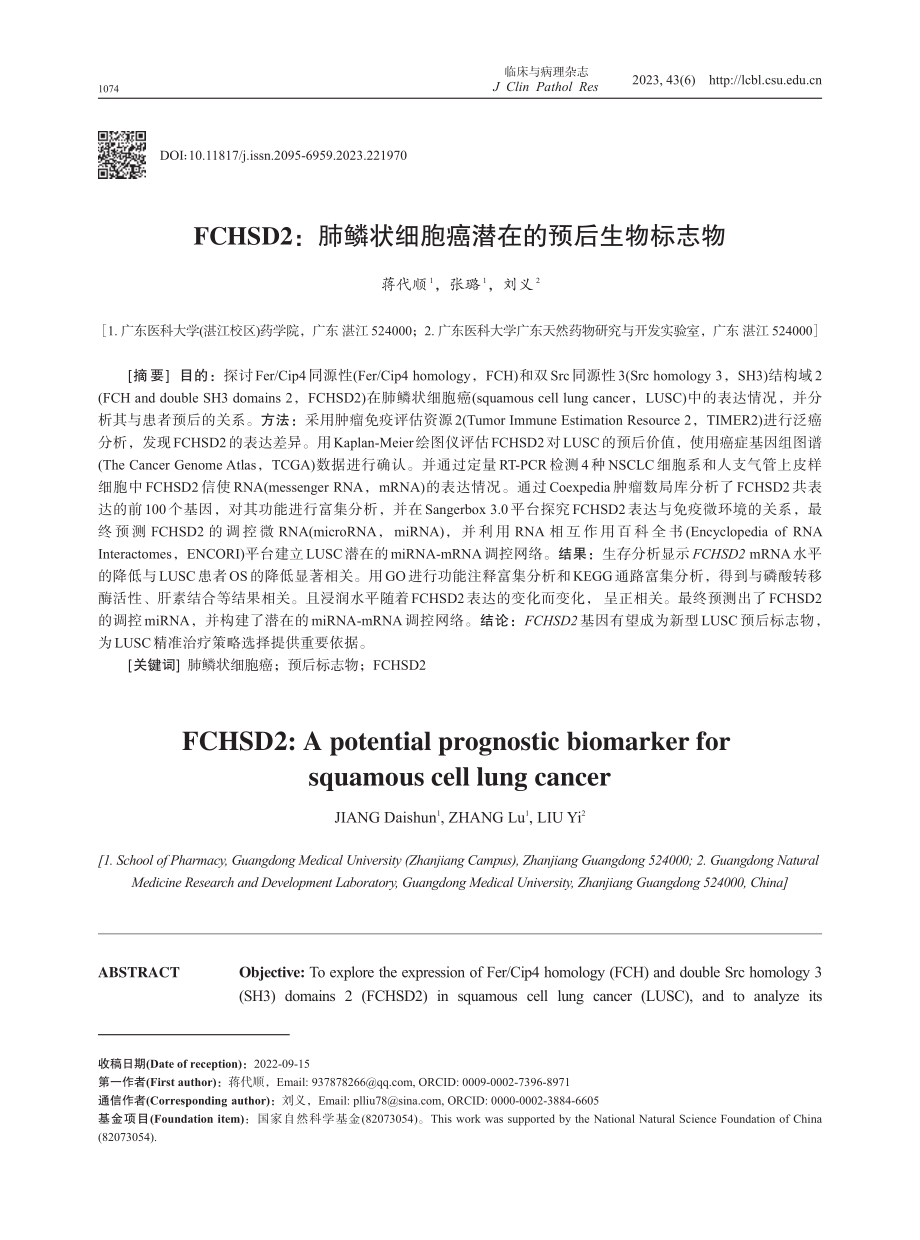 FCHSD2：肺鳞状细胞癌潜在的预后生物标志物.pdf_第1页