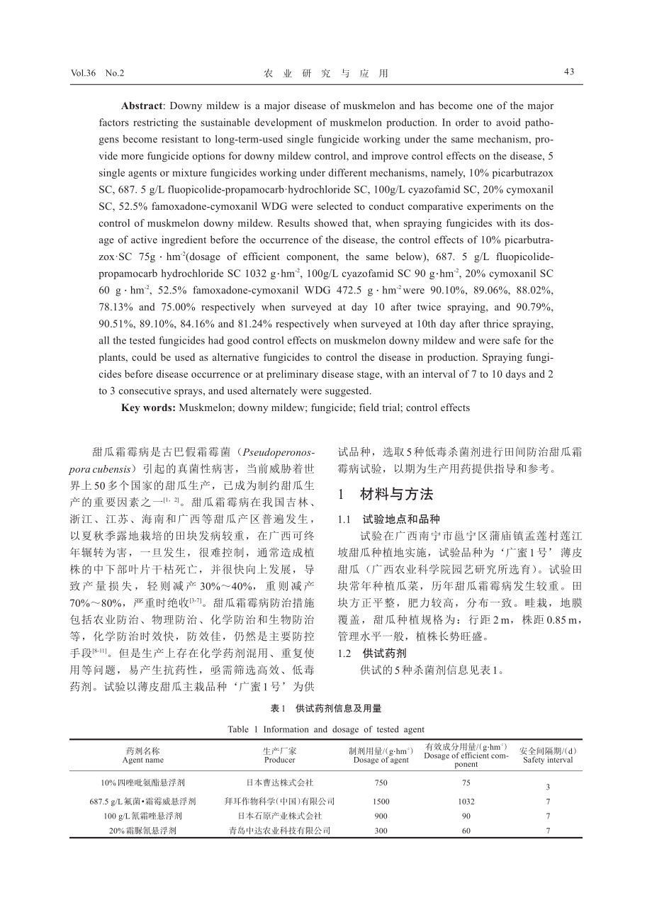 5种杀菌剂防治甜瓜霜霉病效果评价.pdf_第2页