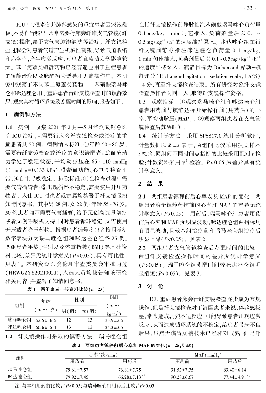 苯磺酸瑞马唑仑和咪达唑仑对重症患者行纤维支气管镜检查时心率和血压的影响.pdf_第2页