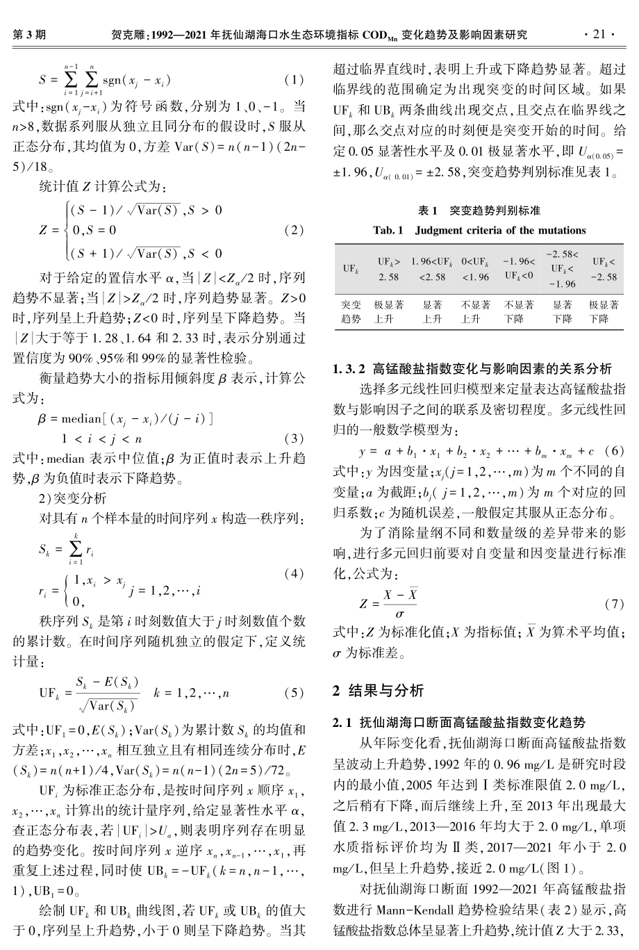 1992—2021年抚仙湖海口水生态环境指标COD_%28Mn%29变化趋势及影响因素研究.pdf_第3页