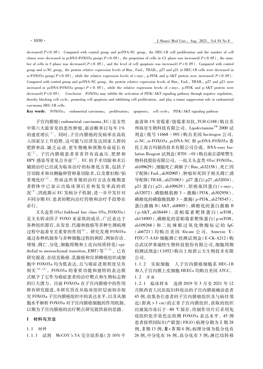 FOXO3a对子宫内膜癌细胞生物学行为的调控作用和机制.pdf_第2页