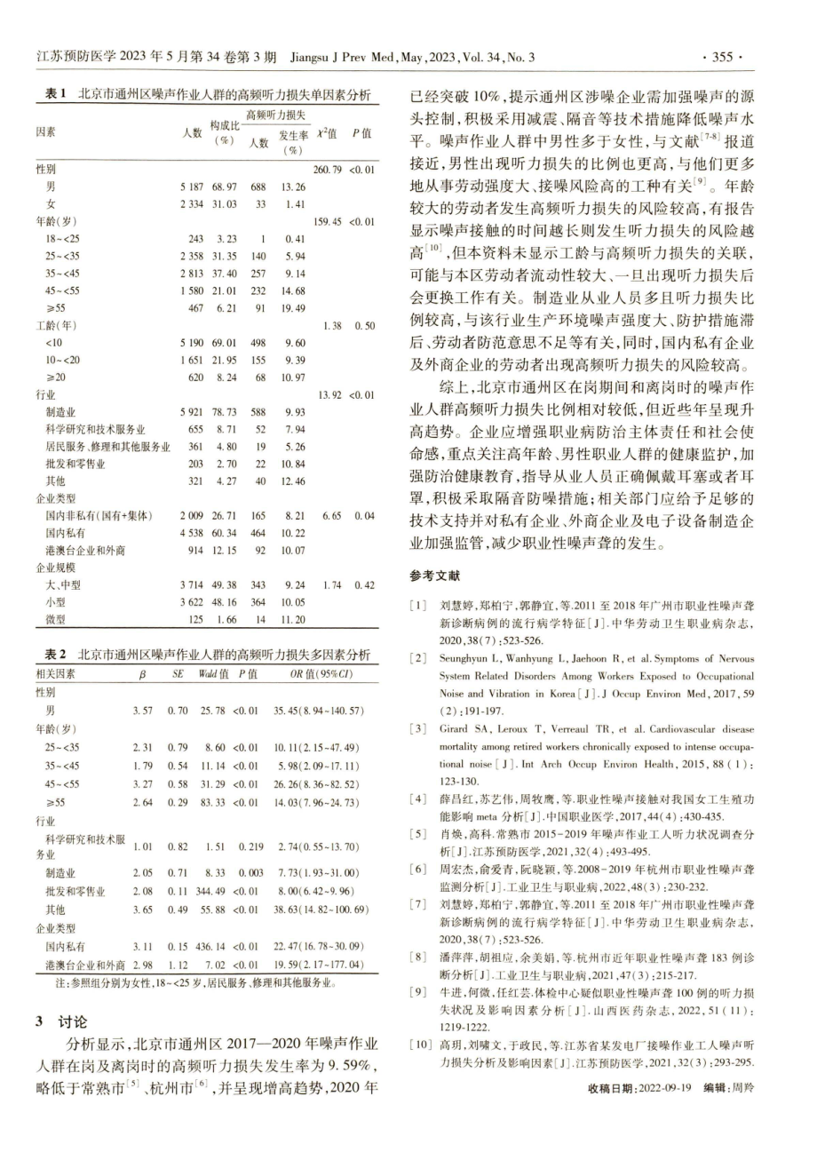 北京市通州区噪声作业人群高频听力损失及影响因素.pdf_第2页