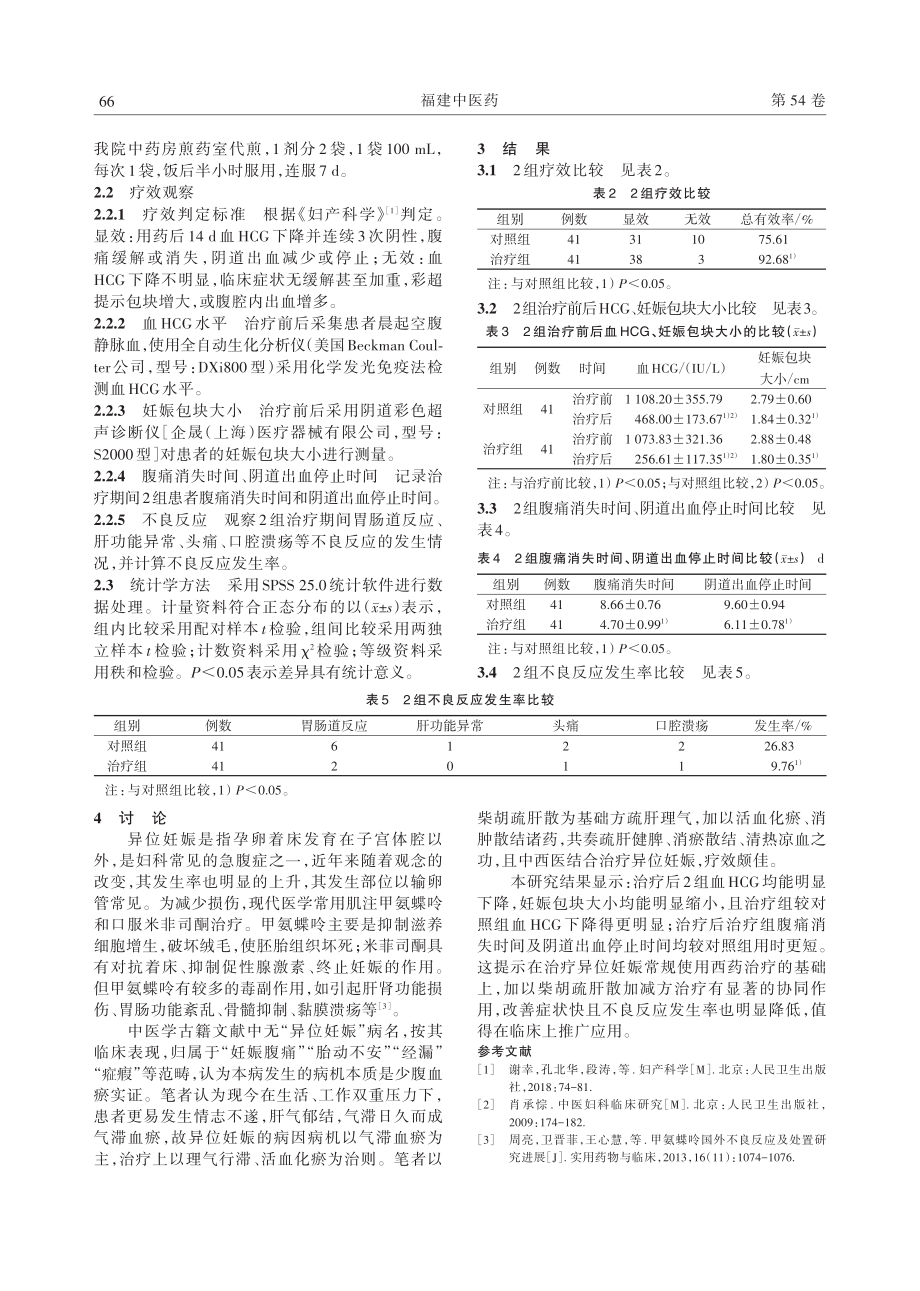 柴胡疏肝散加减方联合西药治疗气滞血瘀型输卵管妊娠41例.pdf_第2页