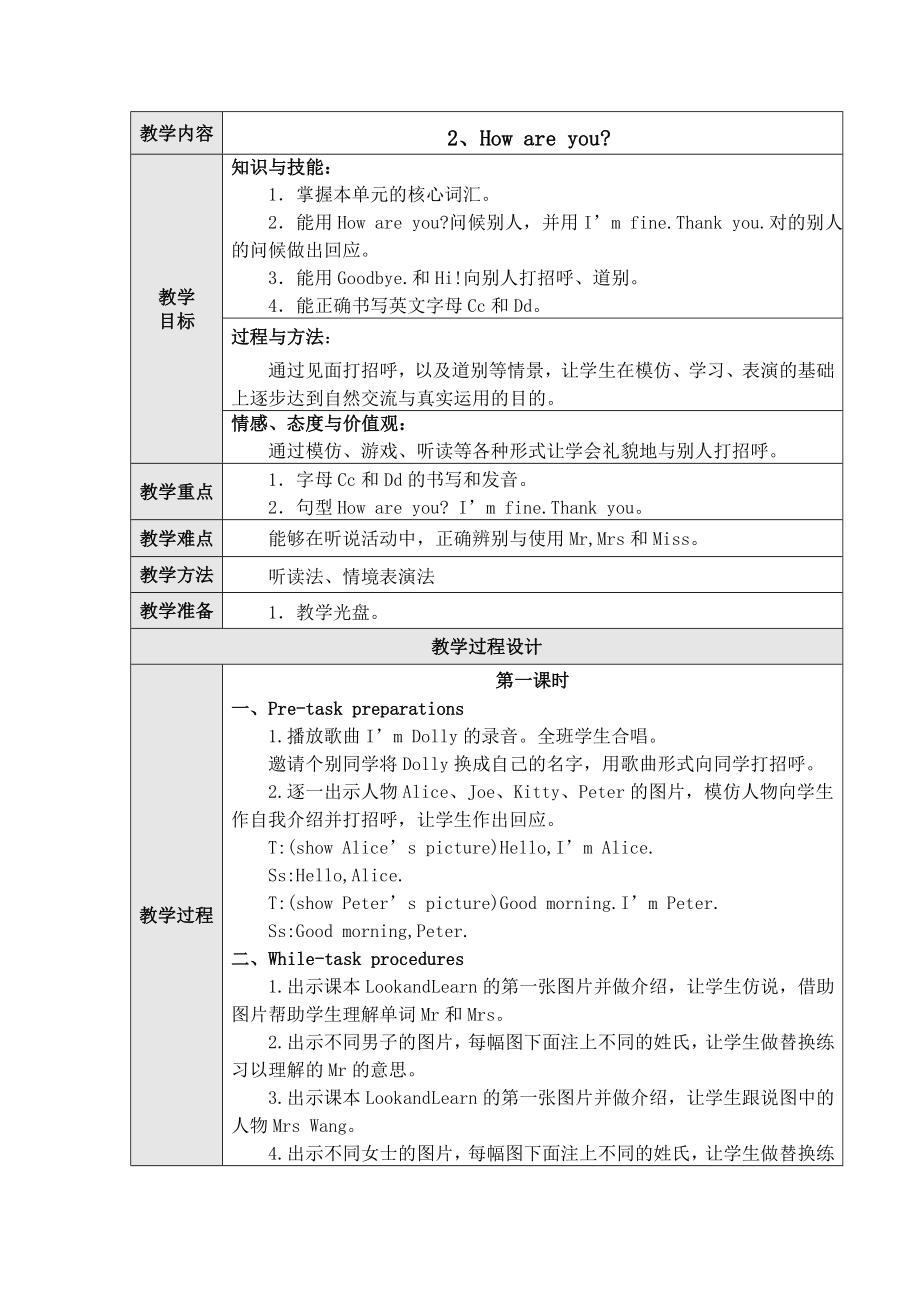 【沪教牛津版（三起）】三年级上册英语教案 Unit-2-How-are-you.doc_第1页