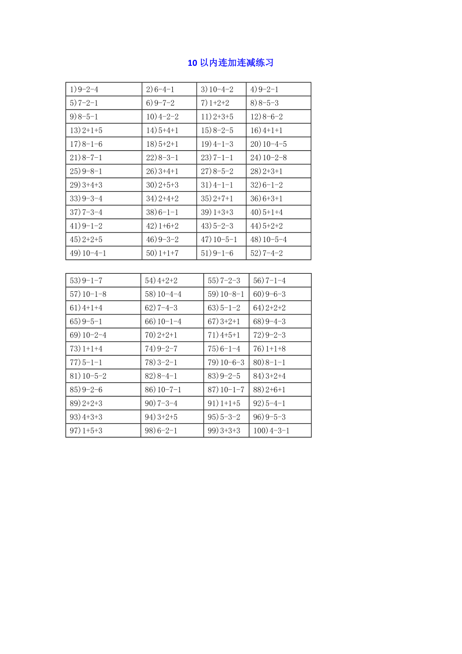 小学一年级上册-数学10以内连加连减练习题100道.docx_第1页