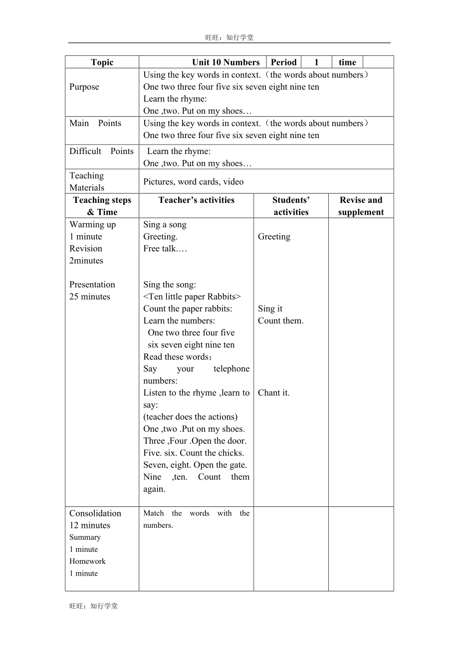 牛津上海版三上Unit 10《Numbers》（Period 1）word教案[旺旺：知行学堂].doc_第1页