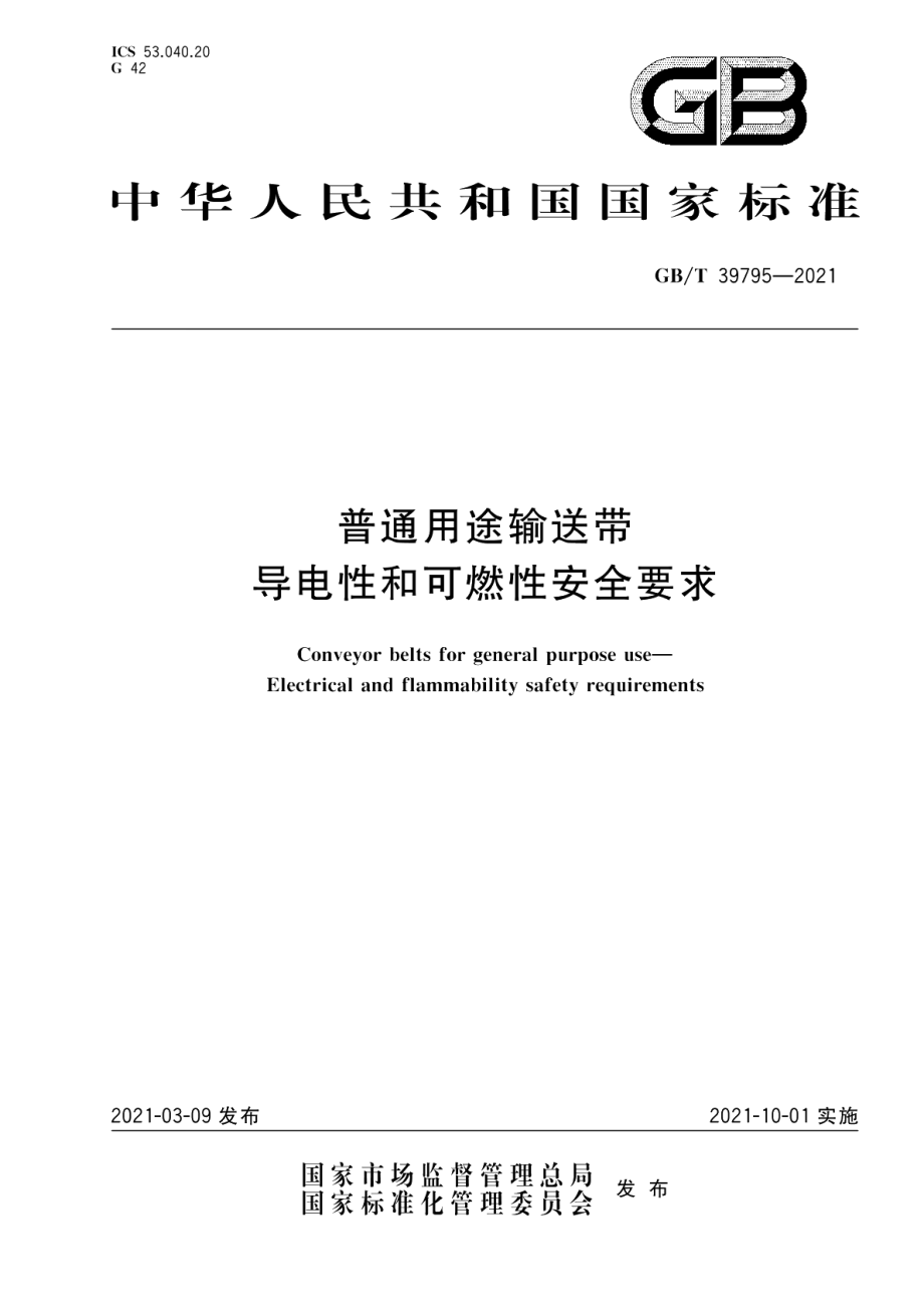 普通用途输送带 导电性和可燃性安全要求 GBT 39795-2021.pdf_第1页