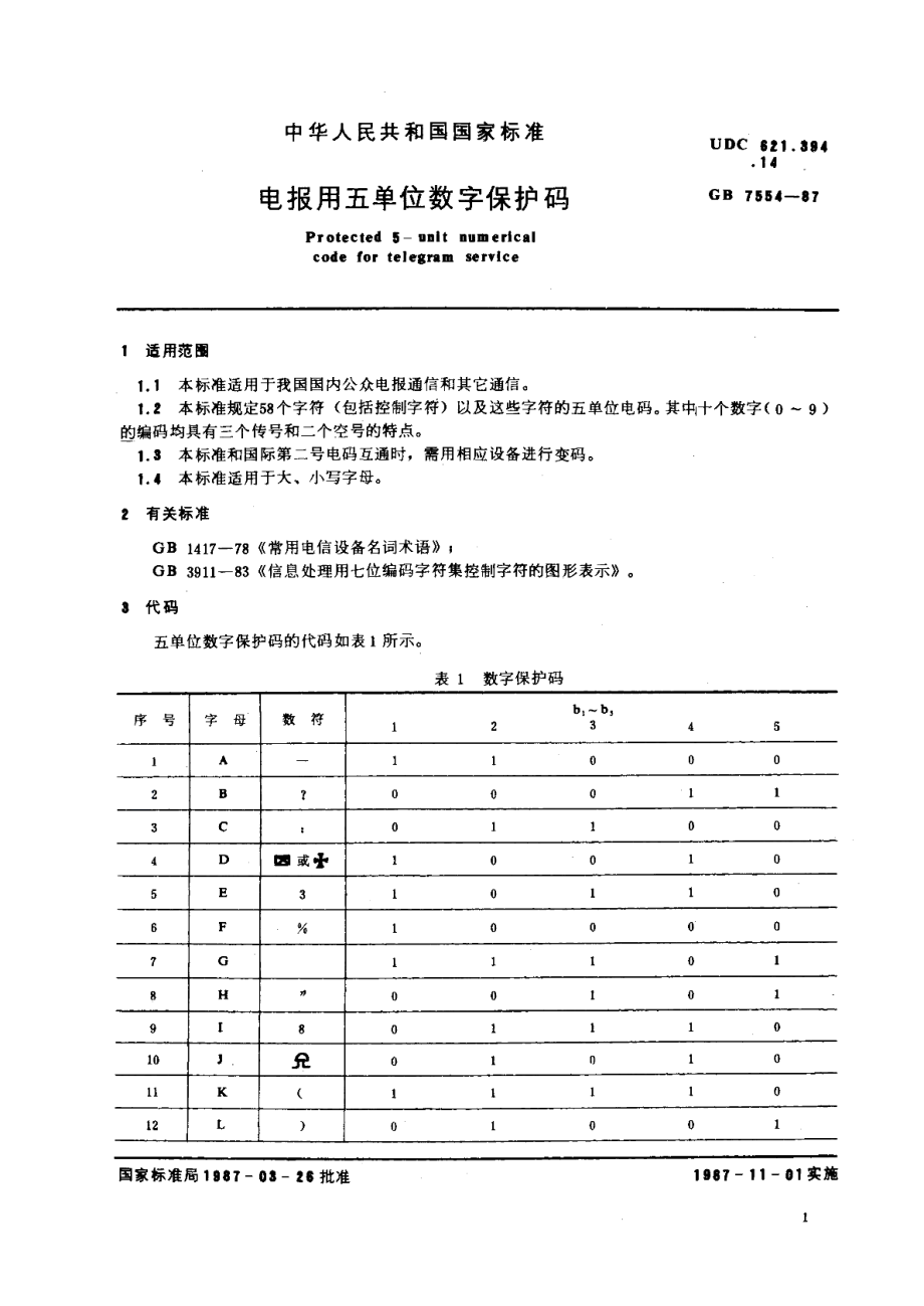 电报用五单位数字保护码 GBT 7554-1987.pdf_第3页