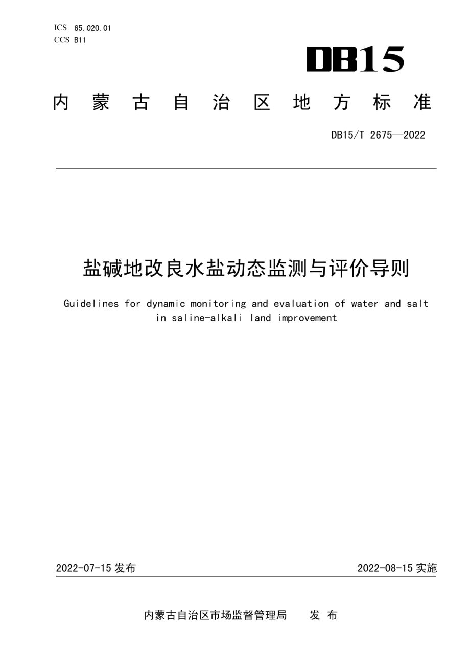 DB15T 2675—2022 盐碱地改良水盐动态监测与评价导则.pdf_第1页