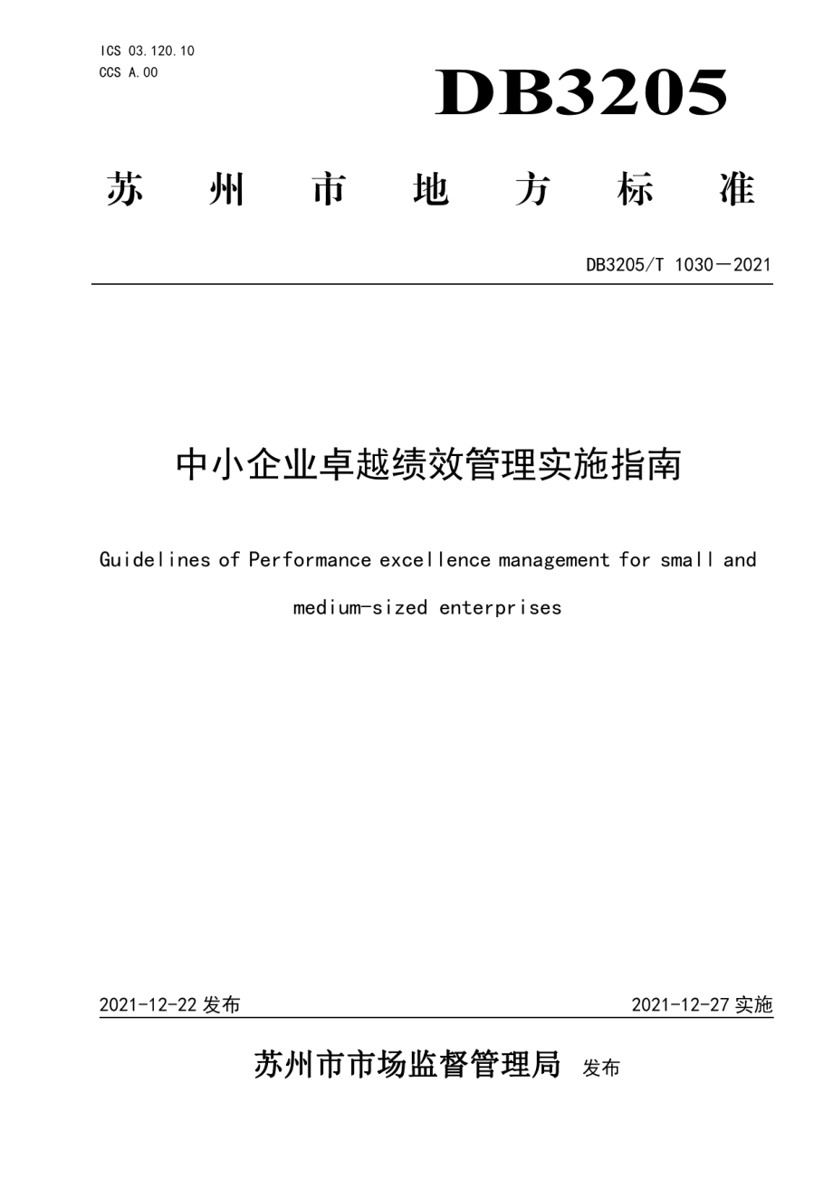 DB3205T 1030-2021 中小企业卓越绩效管理实施指南.pdf_第1页