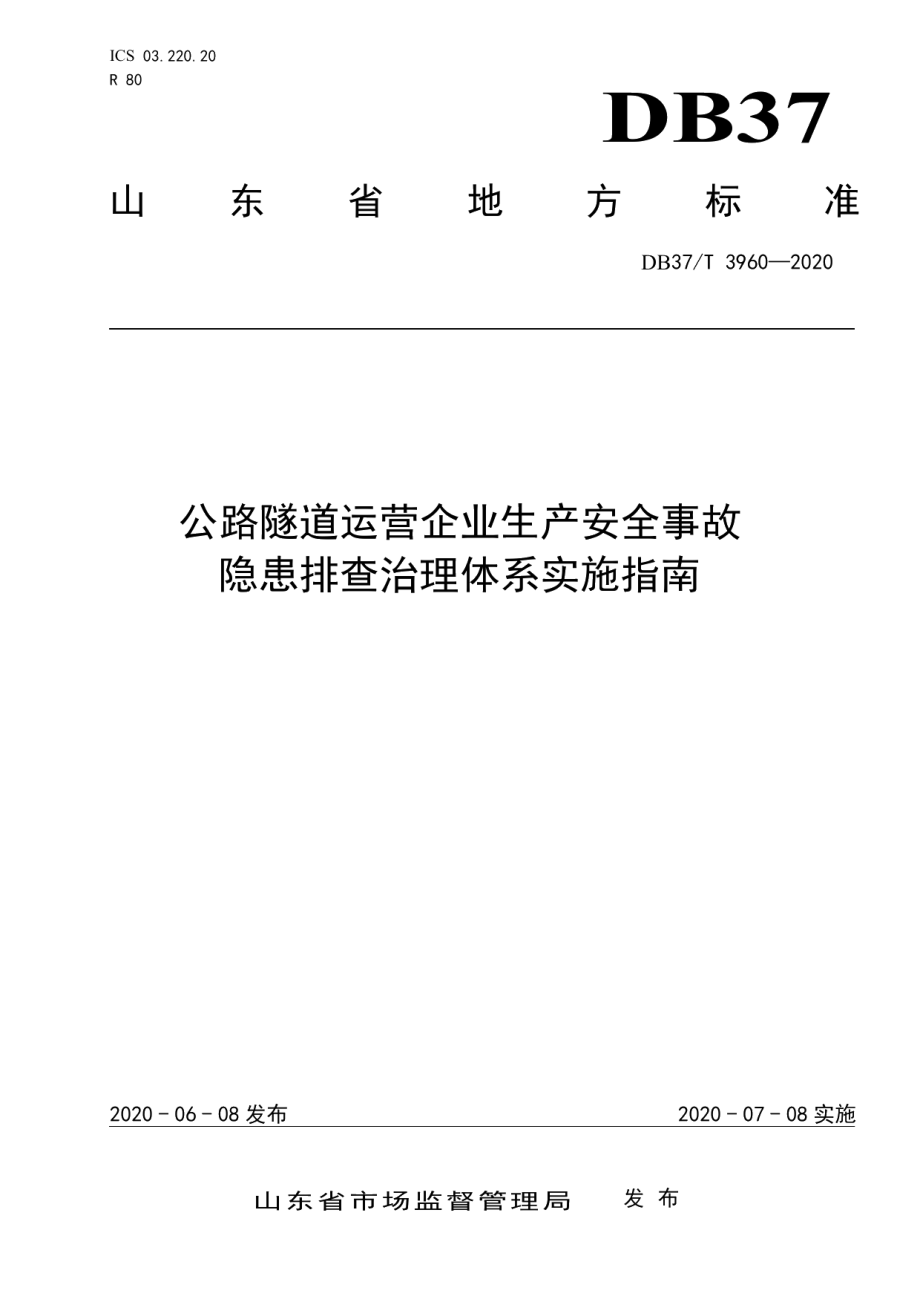 公路隧道运营企业生产安全事故隐患排查治理体系实施指南 DB37T 3960—2020.pdf_第1页