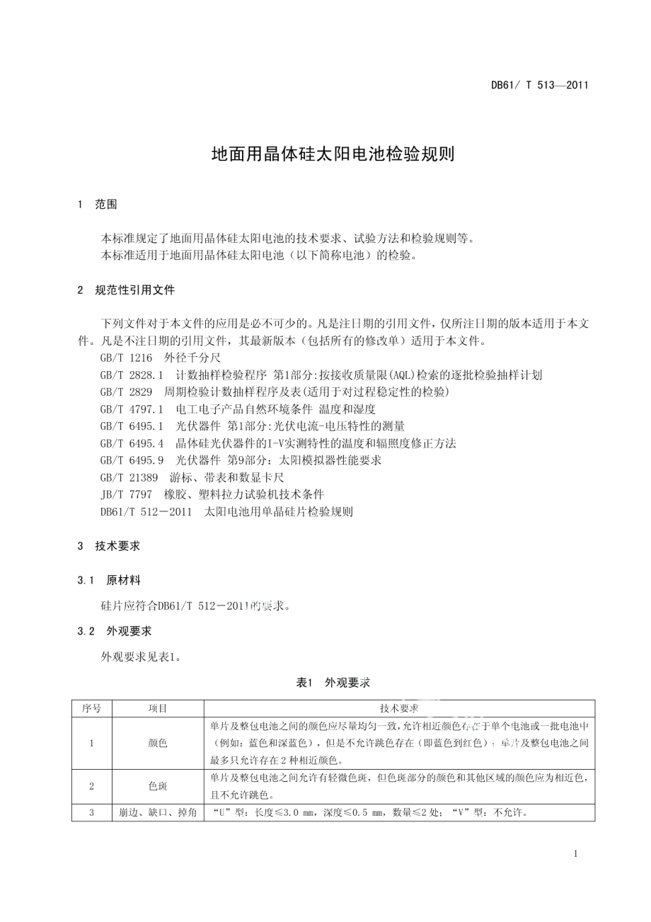 DB61T 513-2011 地面用晶体硅太阳电池检验规则.pdf_第3页