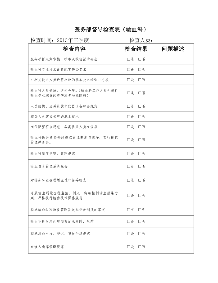 医务部督导检查表-输血科.doc_第1页