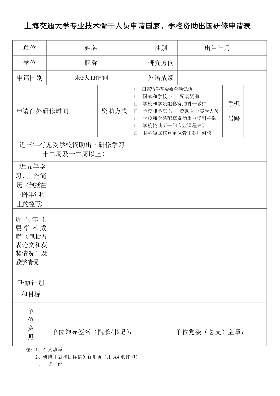 上海交通大学骨干教师申请国家学校资助出国进修申请表.doc_第1页