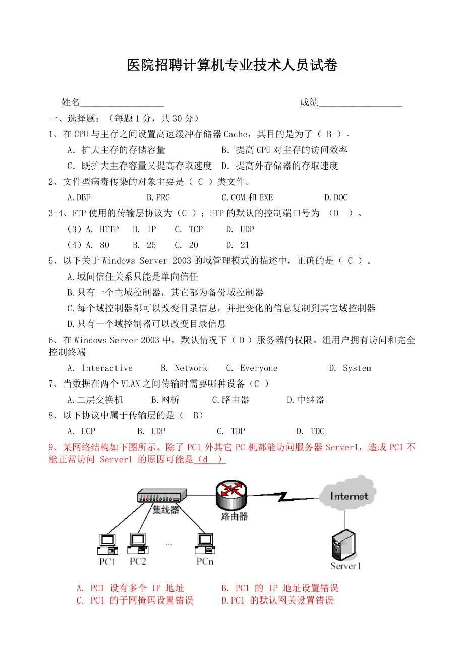 医院招聘计算机专业技术人员试卷.doc_第1页