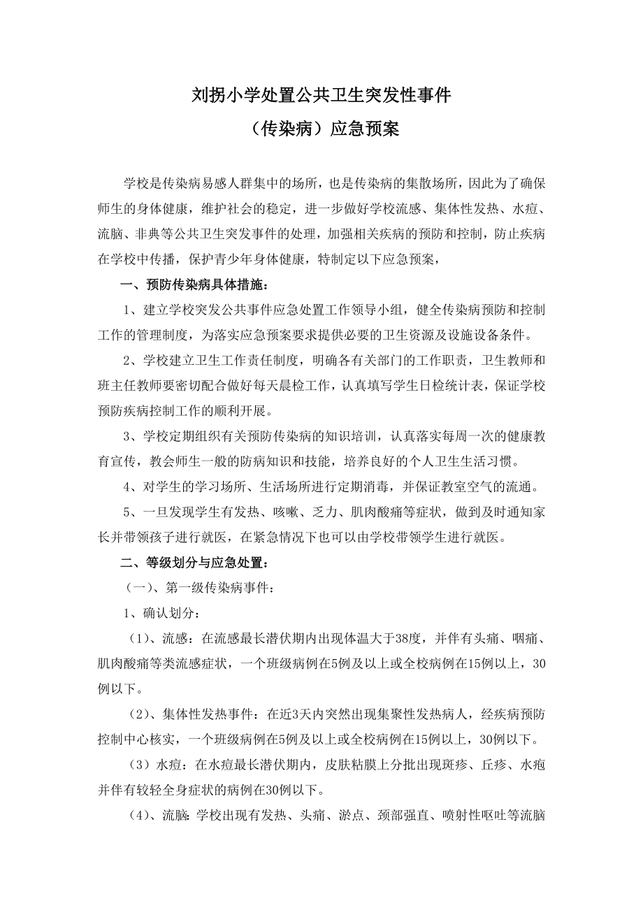 刘拐小学处置公共卫生突发性事件(传染病)应急预案.doc_第1页