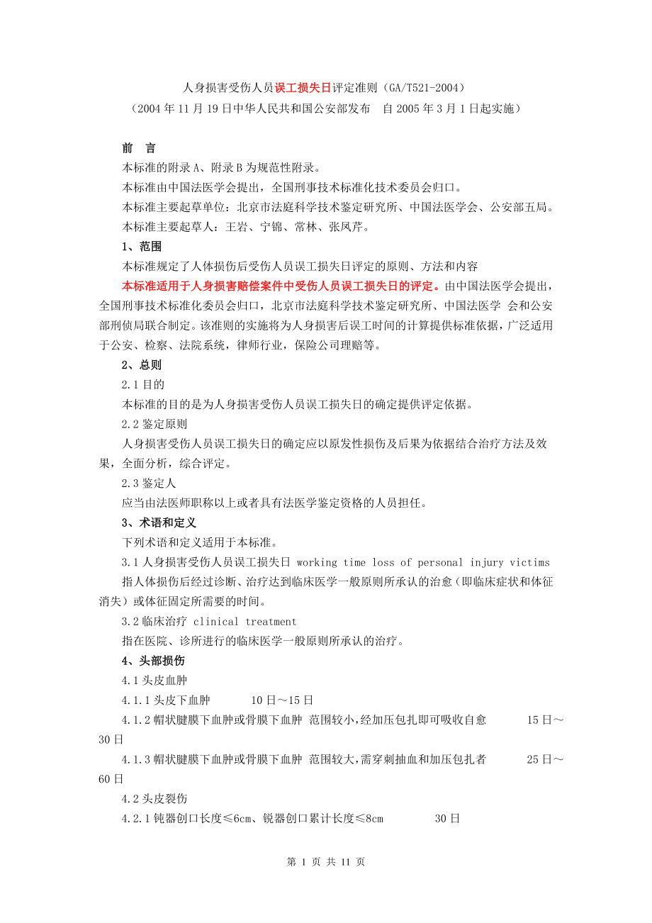 人身损害受伤人员误工损失日评定准则(GA-T521-2004).doc_第1页