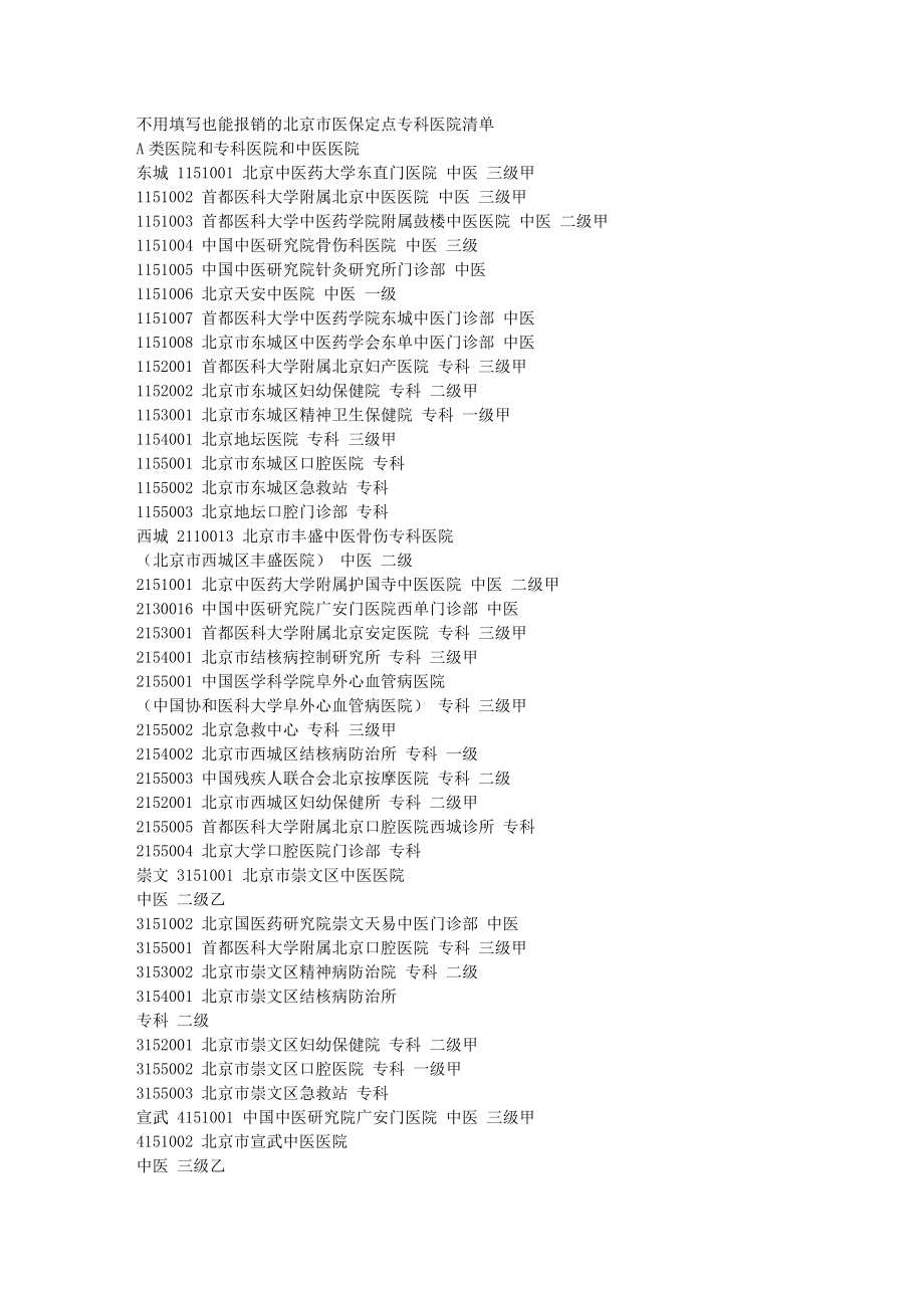 不用填写也能报销的北京市医保定点专科医院清单.doc_第1页