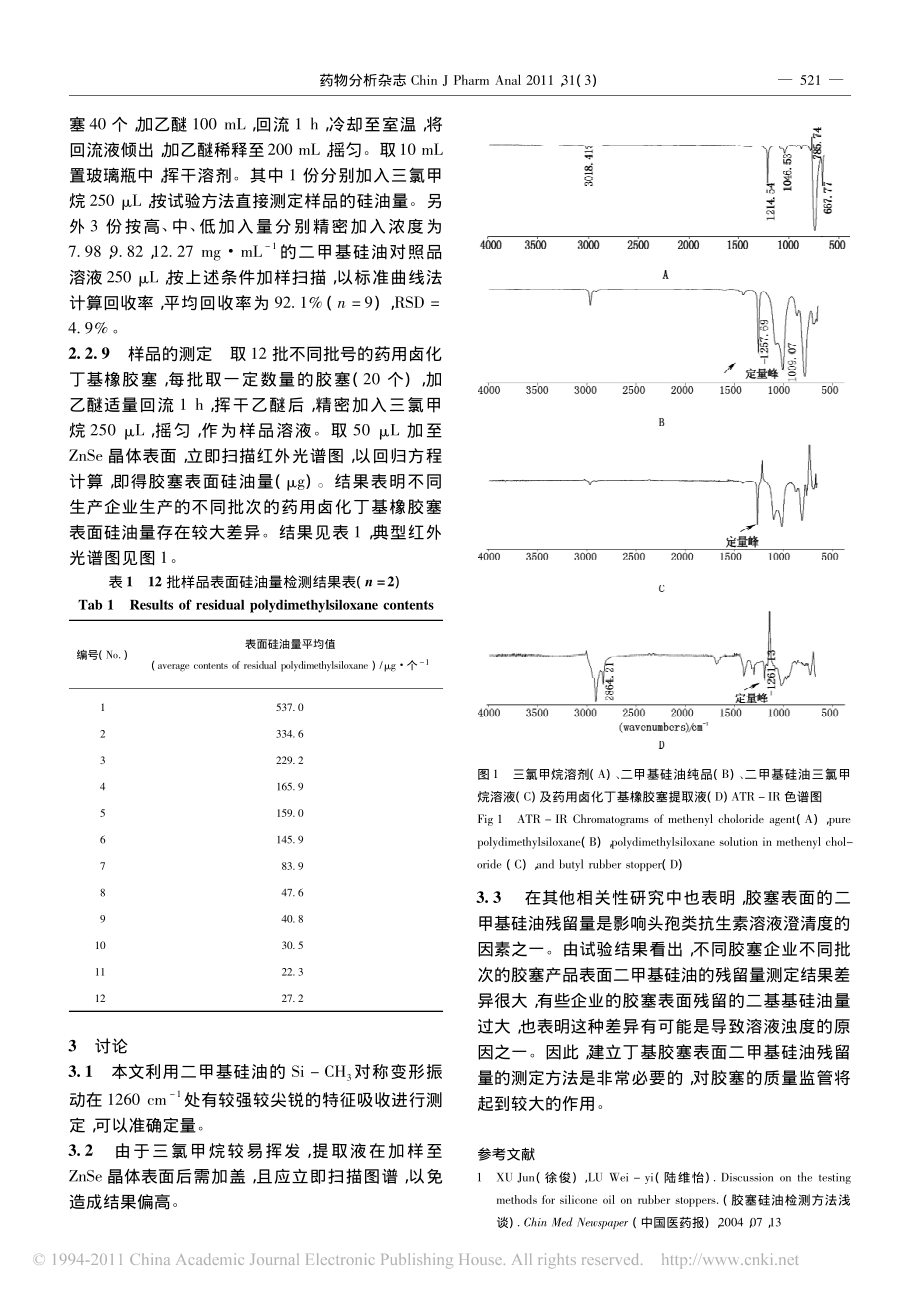 傅立叶变换衰减全反射红外光谱法测定药用卤化丁基橡胶塞表面残留硅油量.pdf_第3页