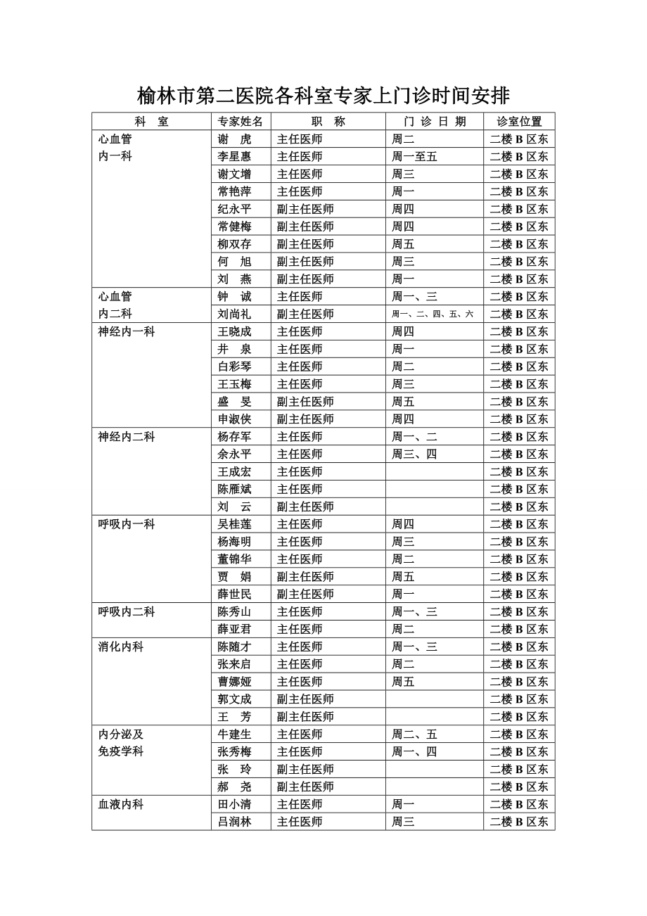 榆林第二医院各科室专家上门诊时间安排.doc_第1页