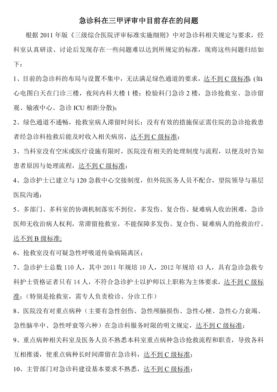 急诊科在三甲评审中目前存在的问题.doc_第1页