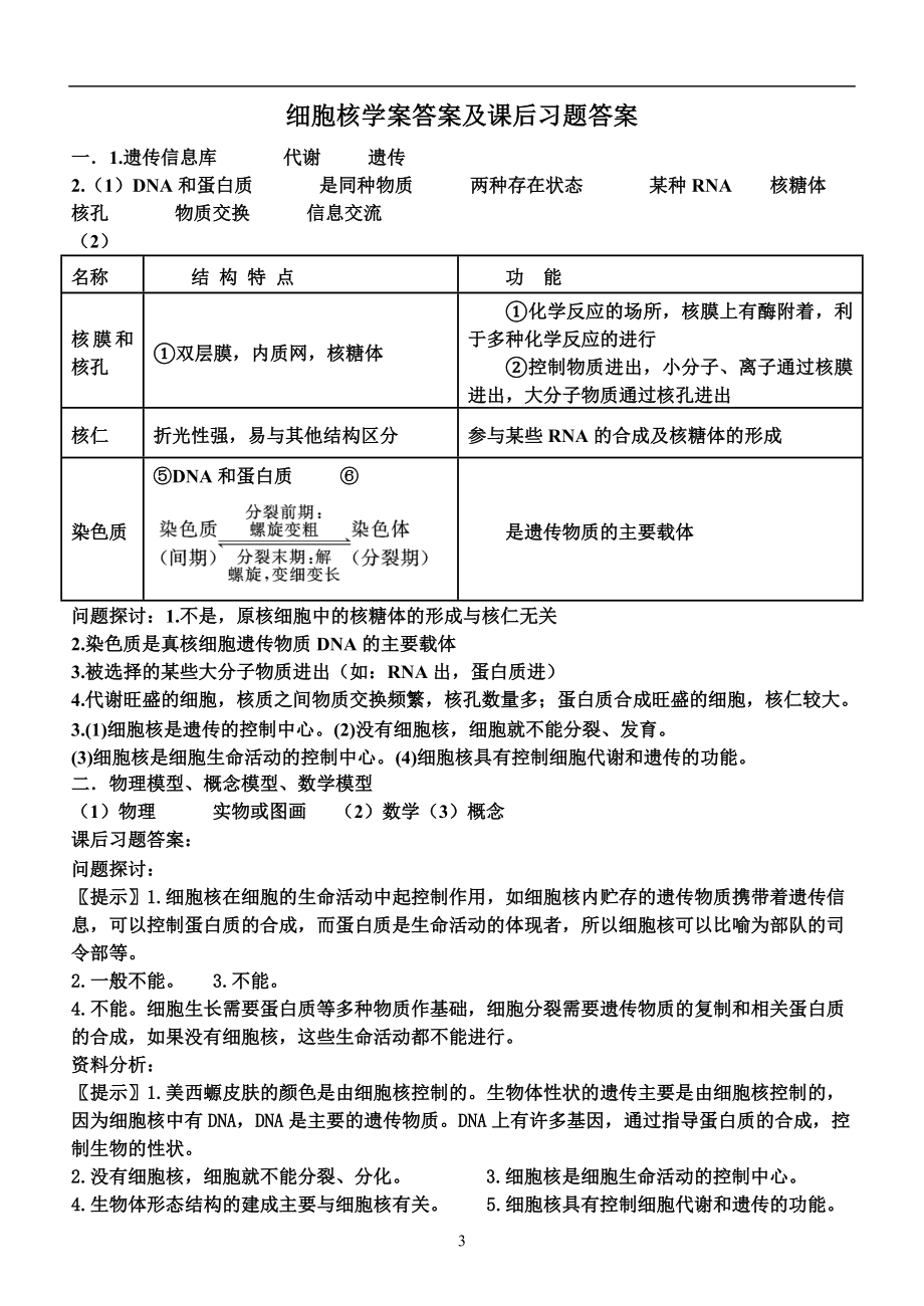 细胞核的结构和功能学案.doc_第3页