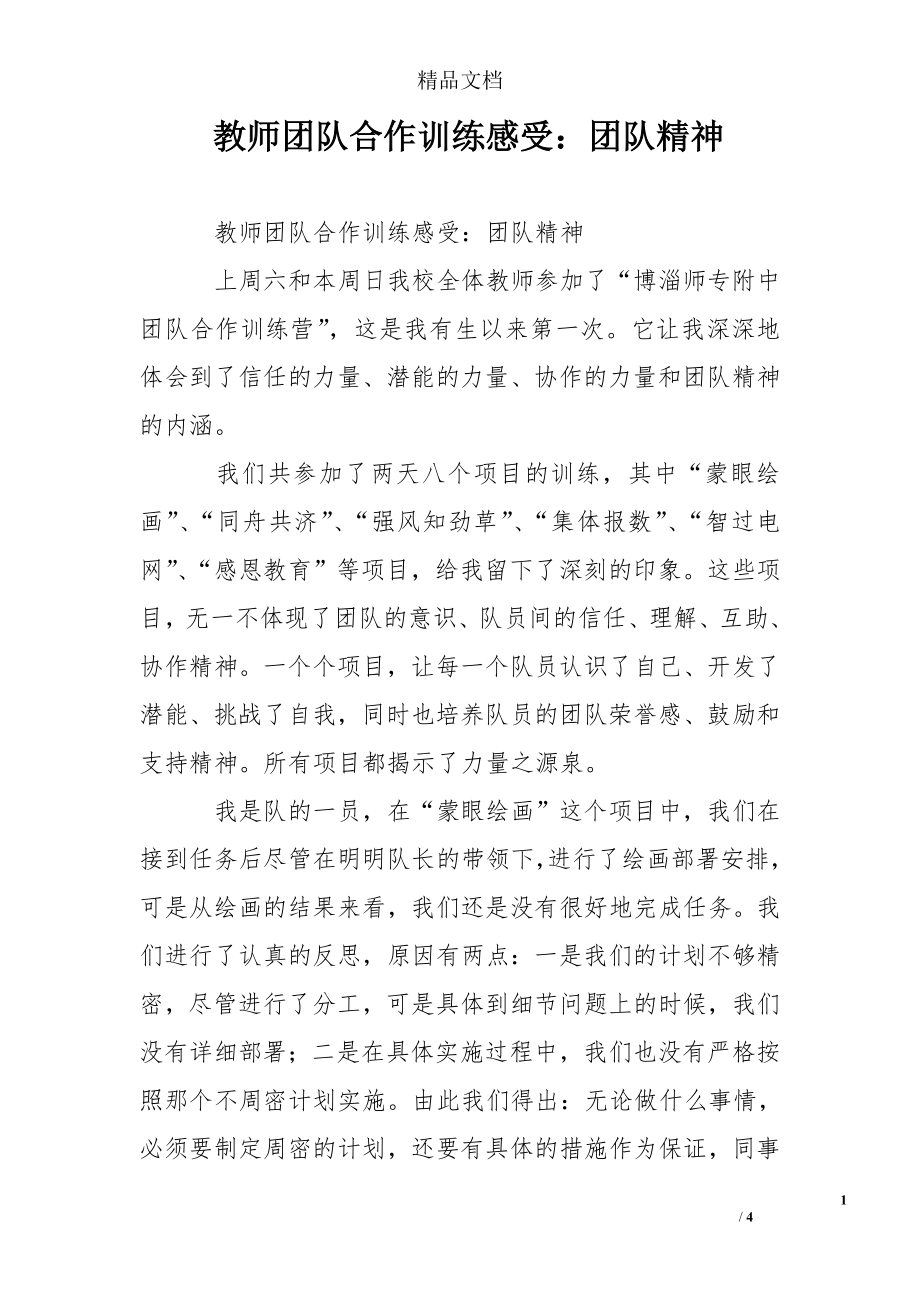 教师团队合作训练感受：团队精神.doc_第1页