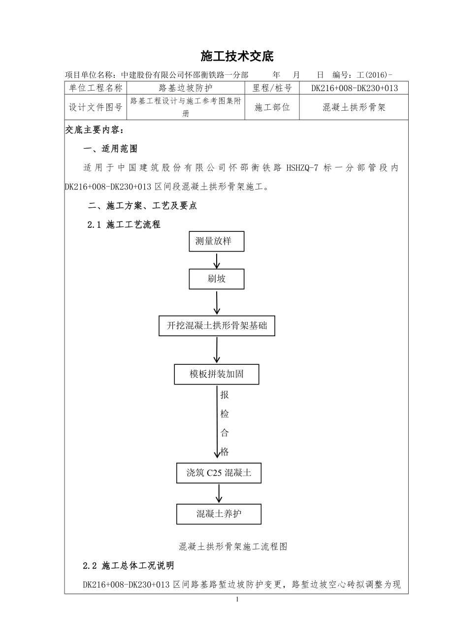 混凝土拱形骨架施工技术交底.doc_第1页