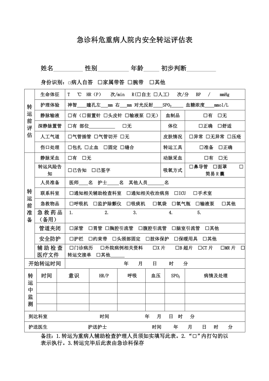 急诊科危重病人院内安全转运评估表.doc_第1页