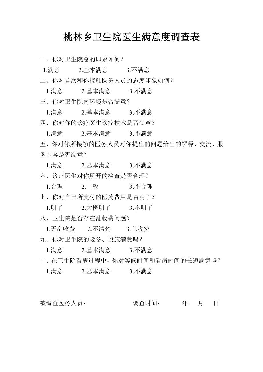 桃林乡卫生院医生满意度调查表.doc_第1页