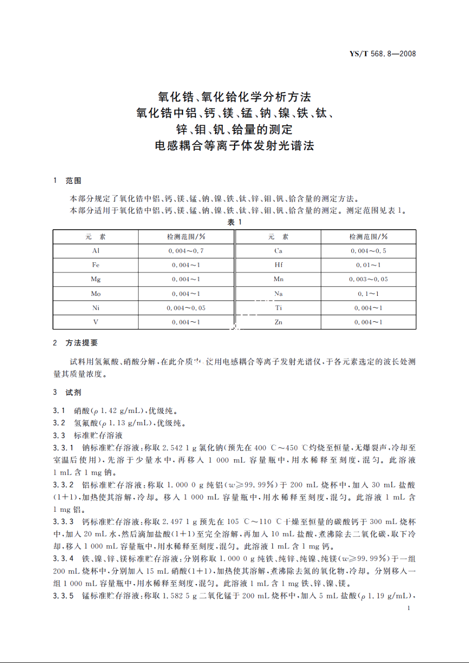 氧化锆、氧化铪化学分析方法　氧化锆中铝、钙、镁、锰、钠、镍、铁、钛、锌、钼、钒、铪量的测定　电感耦合等离子体发射光谱法 YST 568.8-2008.pdf_第3页