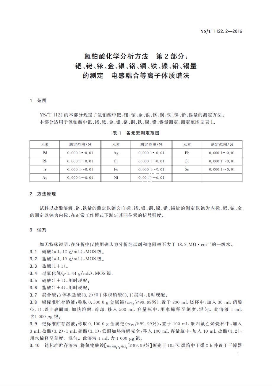 氯铂酸化学分析方法　第2部分：钯、铑、铱、金、银、铬、铜、铁、镍、铅、锡量的测定　电感耦合等离子体质谱法 YST 1122.2-2016.pdf_第3页