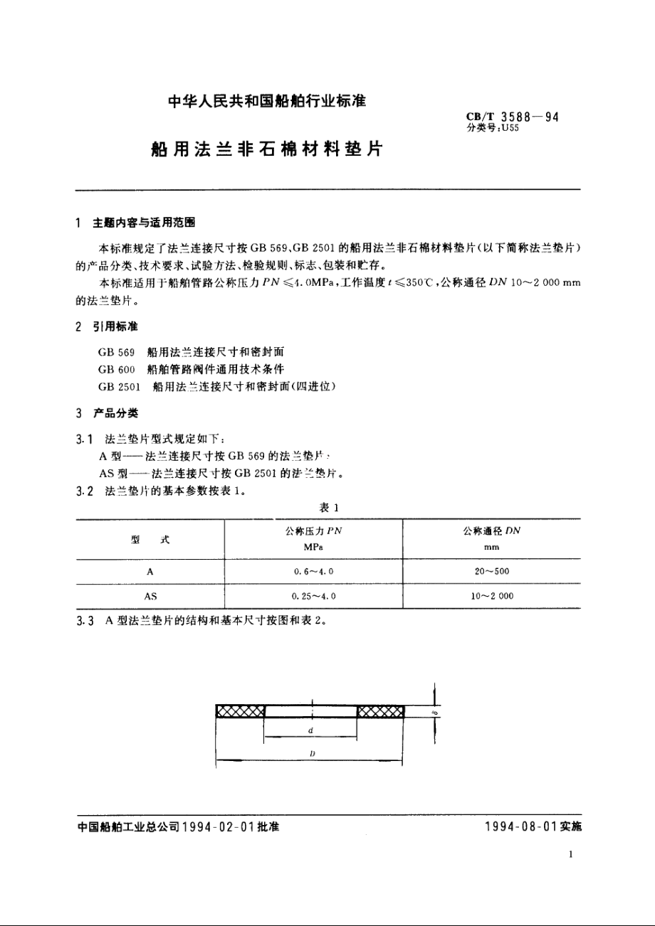 船用法兰非石棉材料垫片 CBT 3588-1994.pdf_第2页