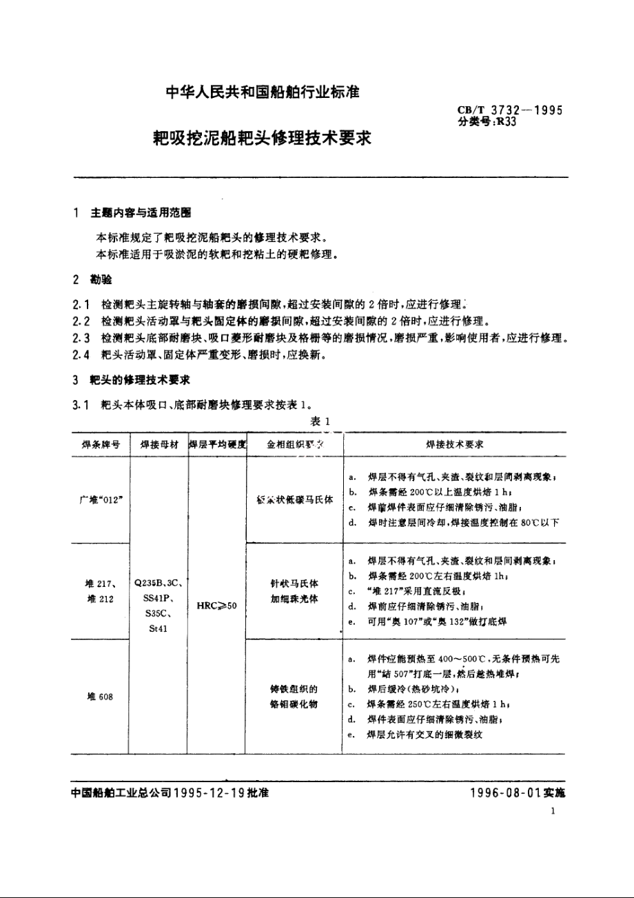 耙吸挖泥船耙头修理技术要求 CBT 3732-1995.pdf_第2页