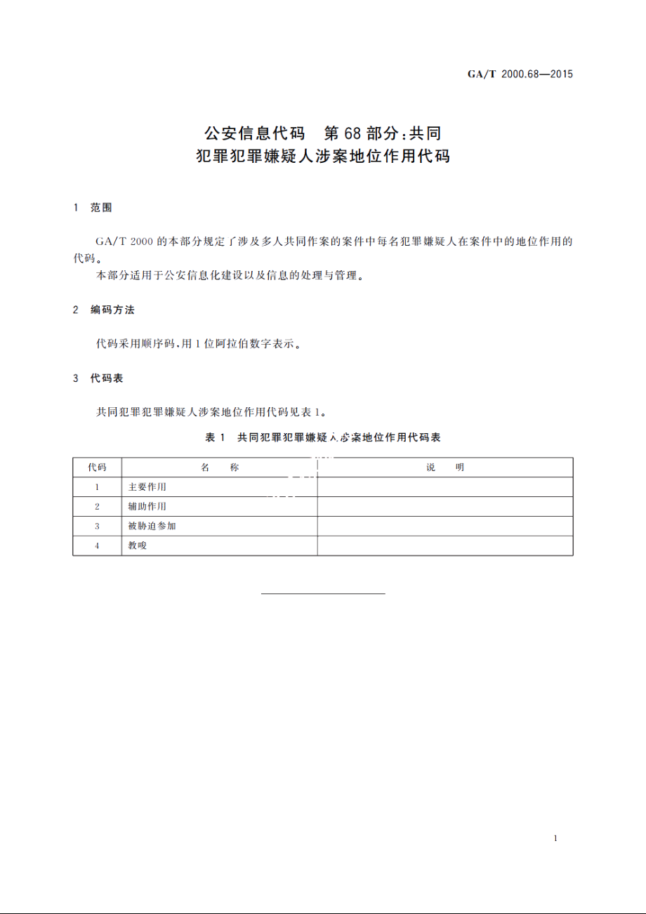 公安信息代码　第68部分：共同犯罪犯罪嫌疑人涉案地位作用代码 GAT 2000.68-2015.pdf_第3页